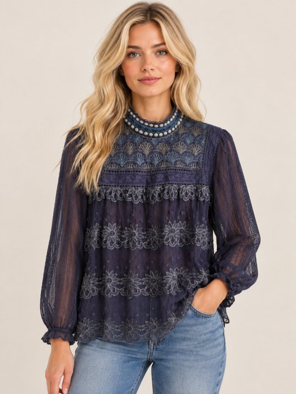 Anthropologie | Blank London Sheer Embroidered Boho Blouse Top Navy Blue Small